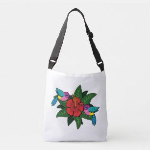 Cute Hummingbird on Hibiscus Flower Cartoon - W Crossbody Tas