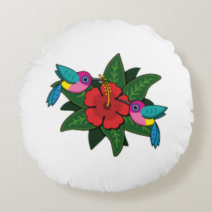 Cute Hummingbird on Hibiscus Flower Cartoon - W Rond Kussen