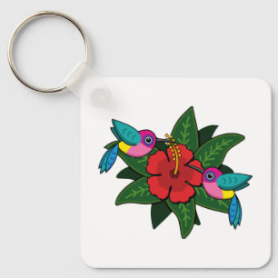 Cute Hummingbird on Hibiscus Flower Cartoon - W Sleutelhanger