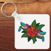 Cute Hummingbird on Hibiscus Flower Cartoon - W Sleutelhanger (Voorkant)