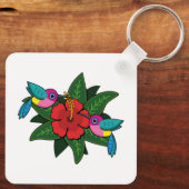 Cute Hummingbird on Hibiscus Flower Cartoon - W Sleutelhanger (Achterkant)
