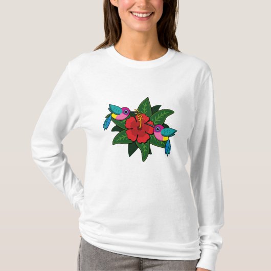 Cute Hummingbird on Hibiscus Flower Cartoon - W T-shirt (Voorkant)