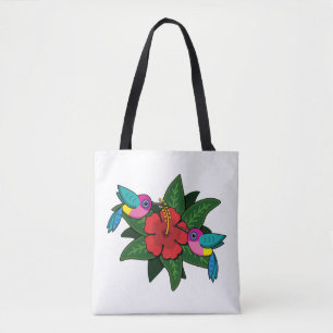 Cute Hummingbird on Hibiscus Flower Cartoon - W Tote Bag