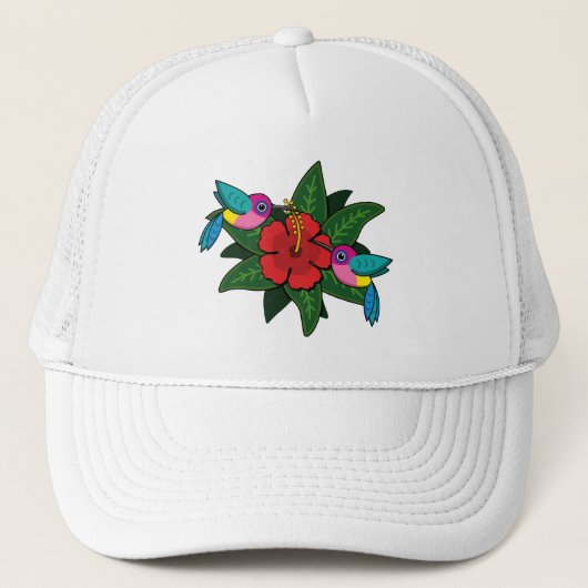 Cute Hummingbird on Hibiscus Flower Cartoon - W Trucker Pet (Voorkant)