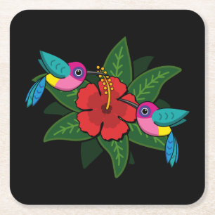 Cute Hummingsbird on Hibiscus Flower Cartoon Kartonnen Onderzetters