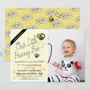 Cute Hunny Bee Yellow Foto Virtual 1st Birthday Kaart