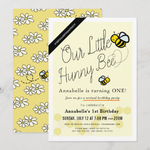Cute Hunny Bee Yellow Virtual 1st Birthday Party Kaart