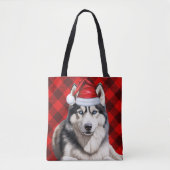 Cute Husky Christmas Dog Red Buffalo Plaid Tote Bag (Voorkant)