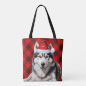 Cute Husky Christmas Dog Red Buffalo Plaid Tote Bag (Achterkant)