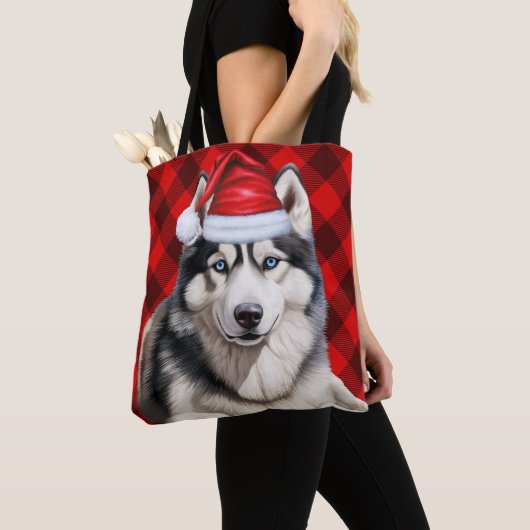 Cute Husky Christmas Dog Red Buffalo Plaid Tote Bag (Dichtbij)