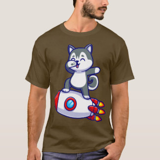 Cute Husky Dog abbing on Rocket Cartoon T-shirt