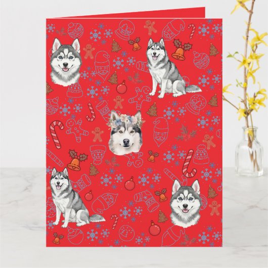 Cute Husky Dog Christmas Winter Seamless Pattern  Kaart (Gele Bloem)