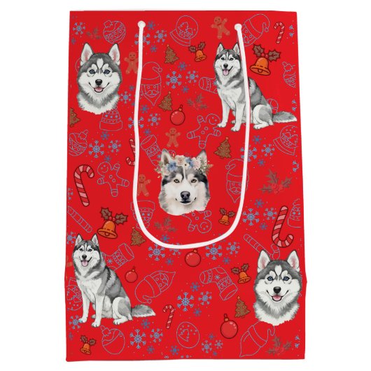 Cute Husky Dog Christmas Winter Seamless Pattern  Medium Cadeauzakje (Achterkant)
