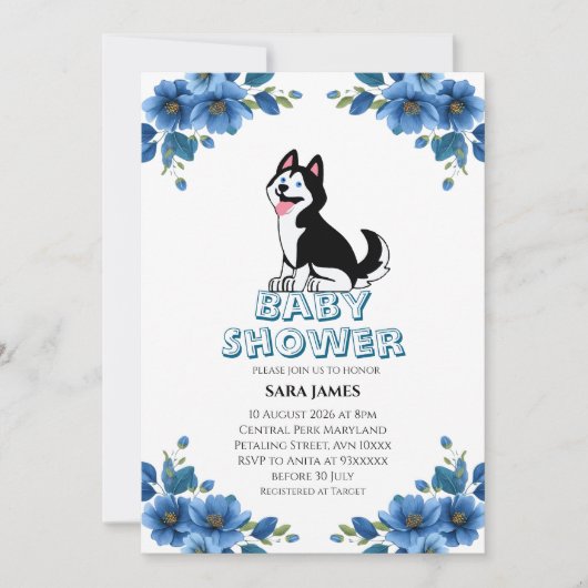 Cute Husky Dog Floral Baby Shower Invitation Kaart (Voorkant)