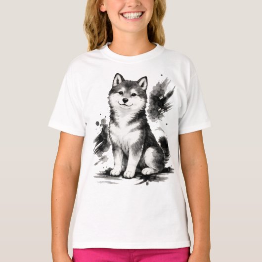 【Cute Husky Japanese Ink Art Girls T-Shirt】 T-shirt (Voorkant)