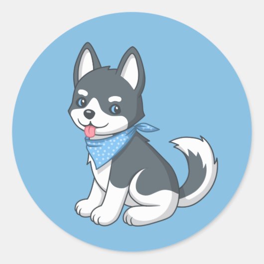 Cute Husky Puppy Dog on Blue Ronde Sticker (Voorkant)