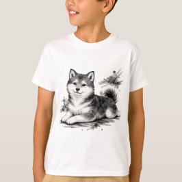 【Cute Husky Puppy Japanese Ink Art Kids T-Shirt】 T-shirt