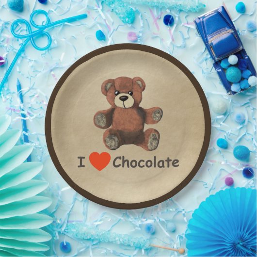Cute I Heart (Love) Chocolate Teddy Bear Papieren Bordje (Feest)