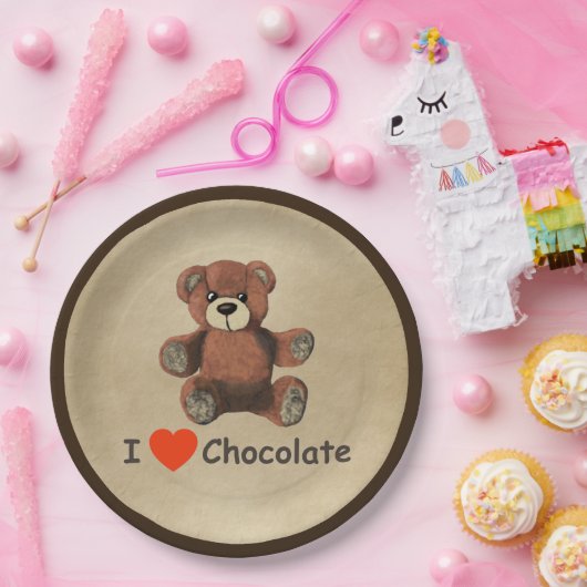 Cute I Heart (Love) Chocolate Teddy Bear Papieren Bordje (Feest)