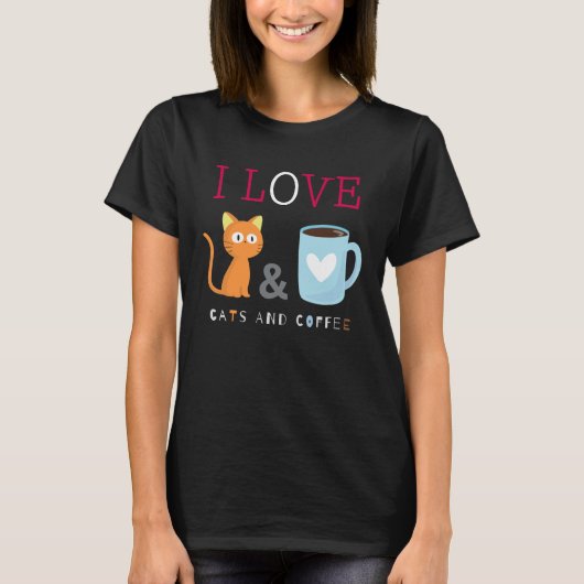 Cute I Love Cats and Coffee Black T-shirt (Voorkant)