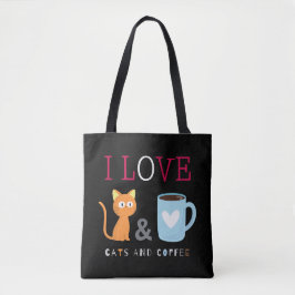 Cute I Love Cats and Coffee Black Tote Bag