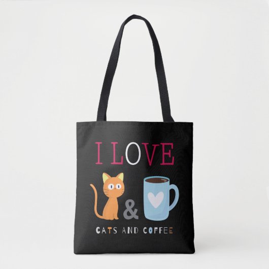 Cute I Love Cats and Coffee Black Tote Bag (Voorkant)