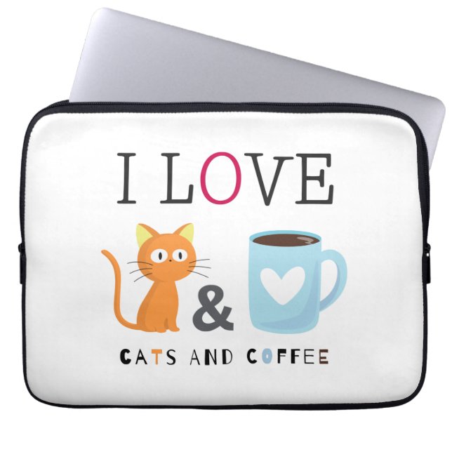 Cute I Love Cats and Coffee White Laptop Sleeve (Voorkant)
