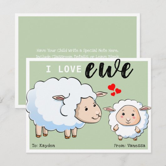 Cute 'I Love Ewe' Kinderen Classroom Valentijn Feestdagenkaart (Voorkant / Achterkant)