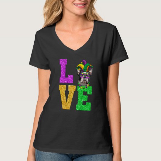 Cute I Love Mardi Gras Boston Terrier Dog Puppy T-shirt (Voorkant)