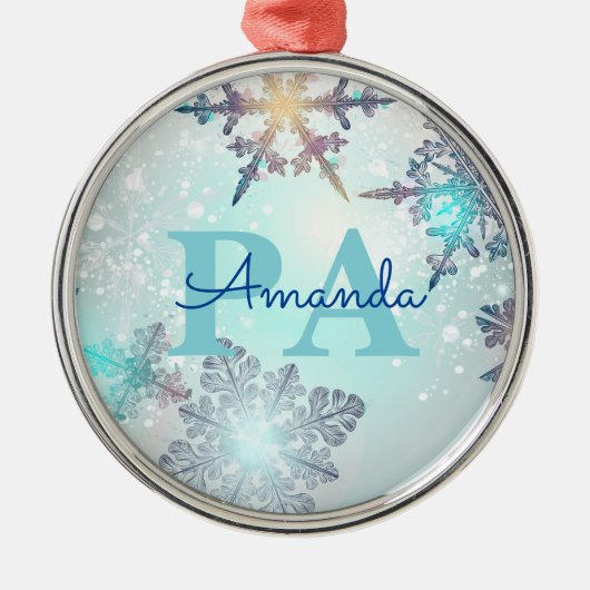 Cute Ice Blue Snowflake Personalized Name PA Metalen Ornament (Voorkant)