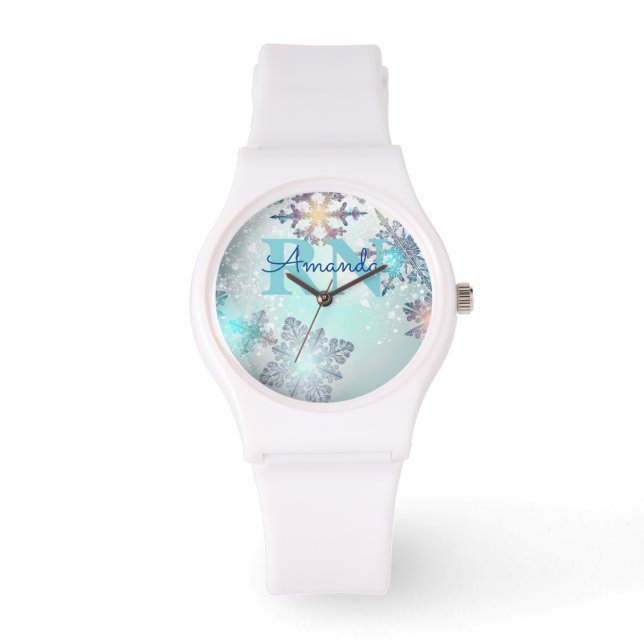 Cute Ice Blue Snowflake Persoonlijke naam RN Horlo Horloge (Voorkant)
