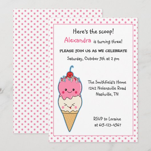 Cute Ice Cream Birthday Kaart (Voorkant / Achterkant)