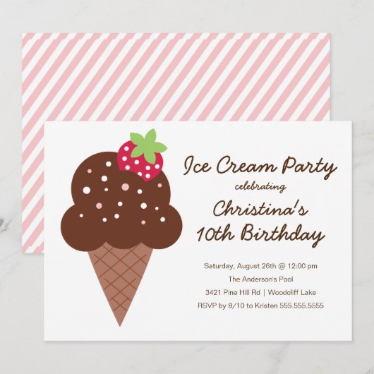 Cute Ice Cream Birthday Party Invitation Kaart (Voorkant / Achterkant)