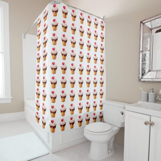 Cute Ice Cream Cone Pattern with Red Heart Douchegordijn (In situ)