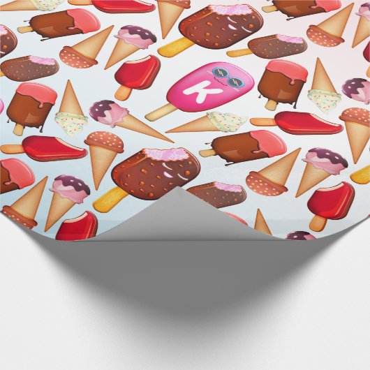 Cute Ice Cream Cone Popsicle Monogram Behandelinge Cadeaupapier (Hoek)