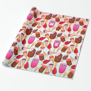 Cute Ice Cream Cone Popsicle Monogram Behandelinge Cadeaupapier