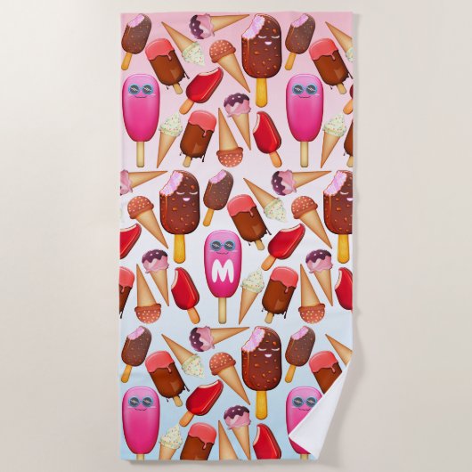 Cute Ice Cream Cone Popsicle Monogram Behandelinge Strandlaken (Voorkant)