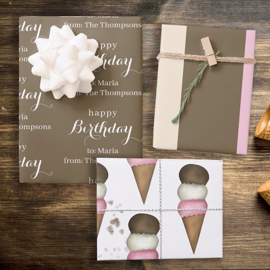 Cute Ice Cream Cone Whimsical Neapolitan Patroon Inpakpapier Vel