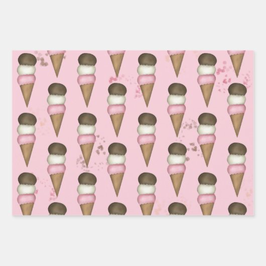 Cute Ice Cream Cone Whimsical Neapolitan Patroon Inpakpapier Vel (Voorkant 2)