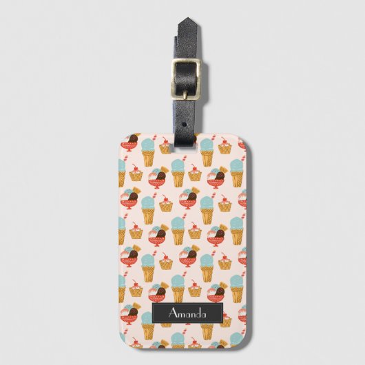 Cute Ice Cream Doodle Patroon | Jouw namen toevoeg Bagagelabel (Voorkant (verticaal))