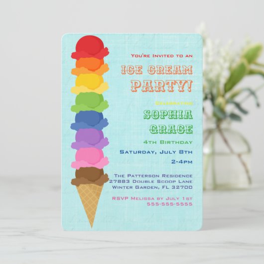 Cute Ice Cream Kids Birthday Party Invision Kaart (Staand voorkant)