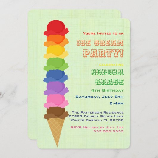 Cute Ice Cream Kids Birthday Party Invision Kaart (Voorkant / Achterkant)