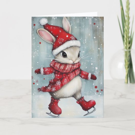 Cute Ice Skating Bunny Christmas Feestdagen Kaart (Voorkant)