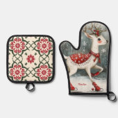 Cute Ice Skating Deer Christmas Ovenwant & Pannenlap Set (Voorkant)