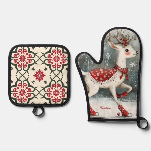 Cute Ice Skating Deer Christmas Ovenwant & Pannenlap Set (Voorkant)