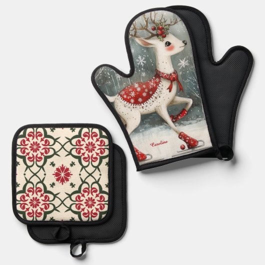 Cute Ice Skating Deer Christmas Ovenwant & Pannenlap Set (Voorkant / Achterkant)