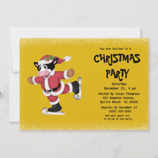 Cute Ice Skating Koe Gold kerstparty Kaart (Voorkant)