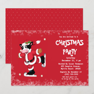 Cute Ice Skating Koe Red Kerstparty Kaart