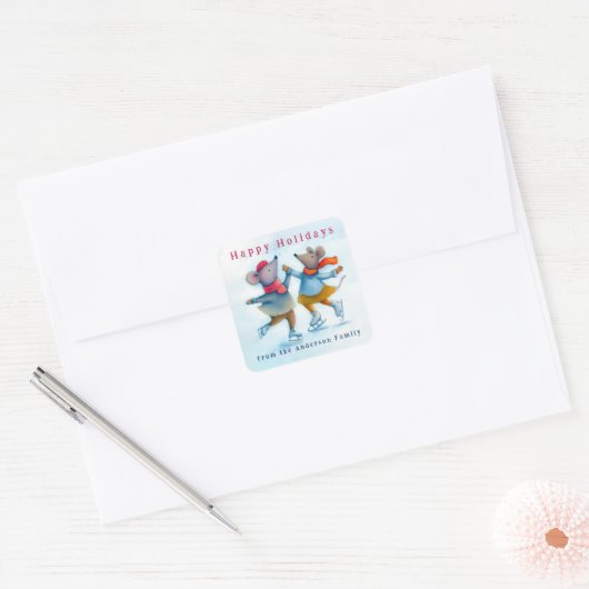 Cute Ice Skating Mice Waterverf Holiday Sticker (Envelop)