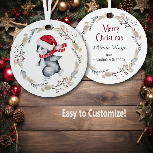 Cute Ice Skating Penguin in Winter Wreate Metalen Ornament